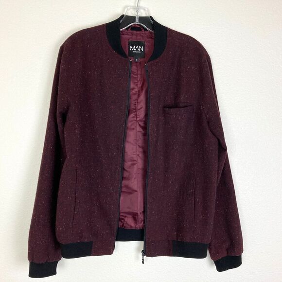 Boohoo Man Tweed Bomber Jacket Size S Burgundy Light Weight Full Zip Lined - Picture 2 of 5